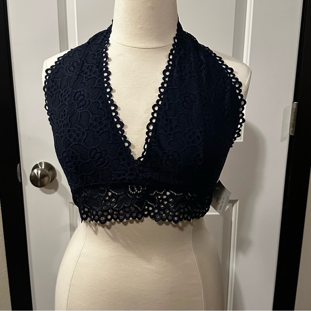 NWT Zenana Outfitters Sexy Lace Halter Bralette – Navy Blue, Size 3XL